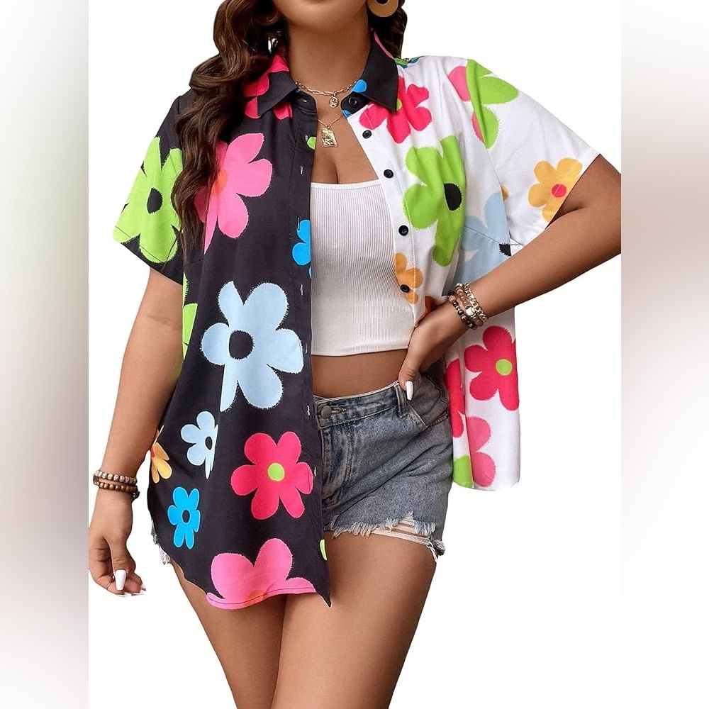 SHEIN Curve Color Block Floral Print Short Sleeve Button Down Shirt Blouse Top - Picture 2 of 5